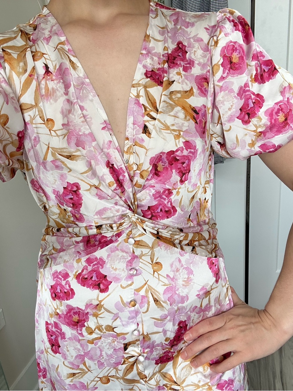 Women's MELLODAY Satin Floral PuffSleeve Maxi Dress with Button Down Front